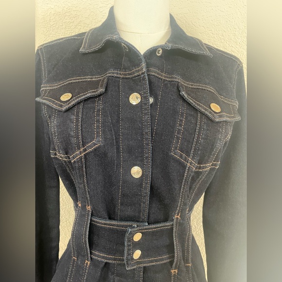 White House Black Market Dark Denim Corset Jacket | Sculpted Waist, Belted - Picture 5 of 15